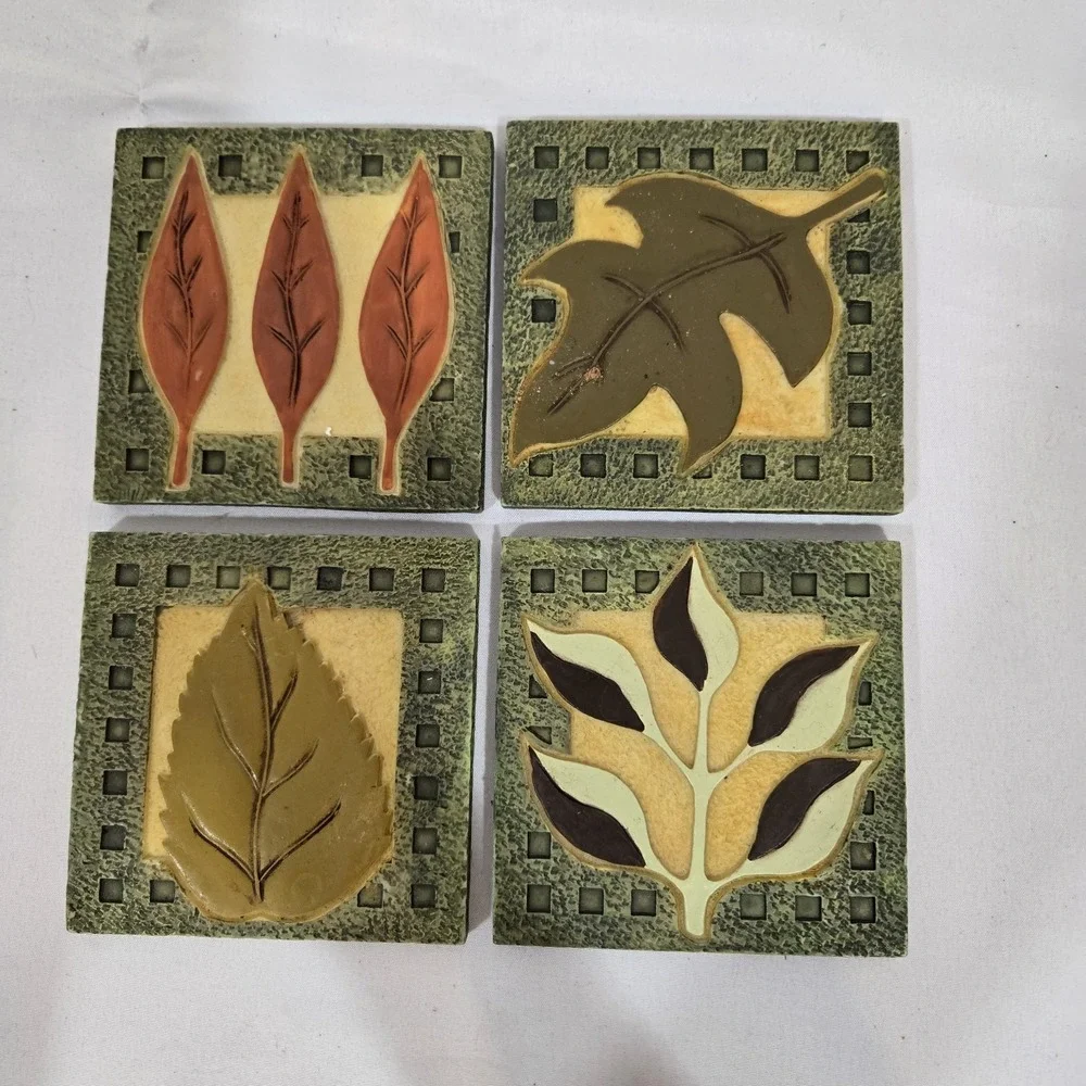 Set of 4 Botanical Leaf Drink Coasters Heavy Resin Stone Composite 4